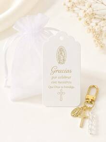 1 Set/10 Sets/20 Sets Spanish Baby Baptism Favor Set, White Gauze Gift Bag + Gold Virgin Mary Cross Keychain + Gracias Thank You Card, Baptism Baby Party Decoration, Church Baptism Memorial Gift, Guest Favor, Religious Blessing Small Gift, Suitable For Boy/Girl Baptism Banquet, Mexican Family Gathering, US Latino Baby Shower, Catholic Sacrament Celebration Table Decor And Bulk Distribution - Multicolor - View 6