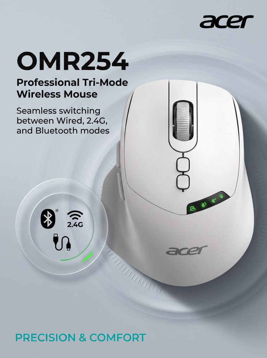 Acer 無線藍牙三模滑鼠 人體工學滑鼠 筆記型電腦 usb拓展塢可用 OMR254 無線藍牙三模 - 查看 1