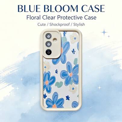 1pc Blue Watercolor Floral Doodle Cute Personalized Flesh Retro Matte White Soft Phone Case, Compatible With Android/GALAXY/A/S/14/15/16/17/25/26/27/36/25/26/57/55/56/FE/ULTRA/NOTE/13/POCO/X/Transsion/HOT/SPARK/POP/SMART/40/50/60/RENO/C/Honor/LITE/X9C/E/G/V