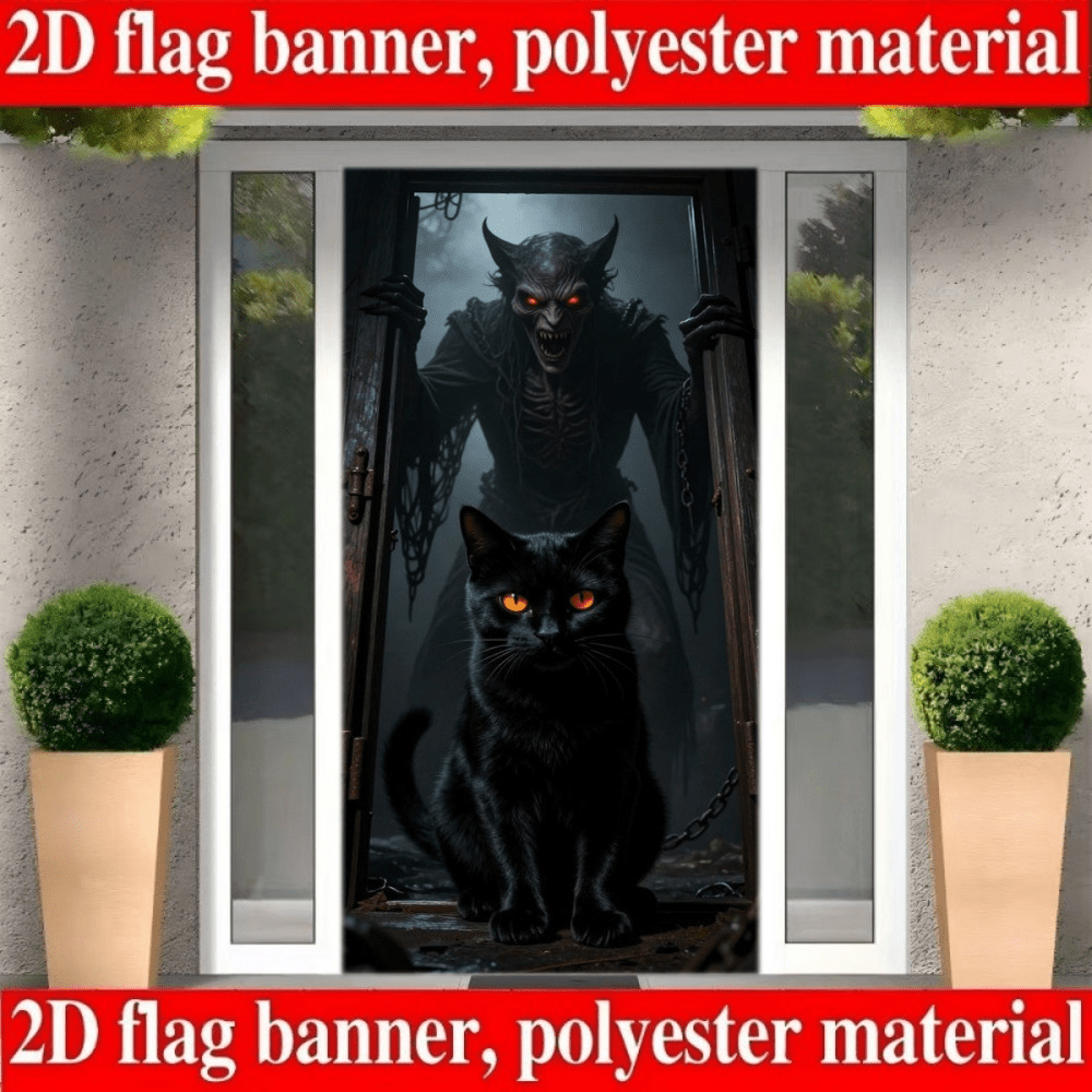 2D Flag - Halloween-Themed Banner Background, Featuring Dark Style Black Cats And Devil Patterns. Made Of Polyester Material, No Power Supply Required.