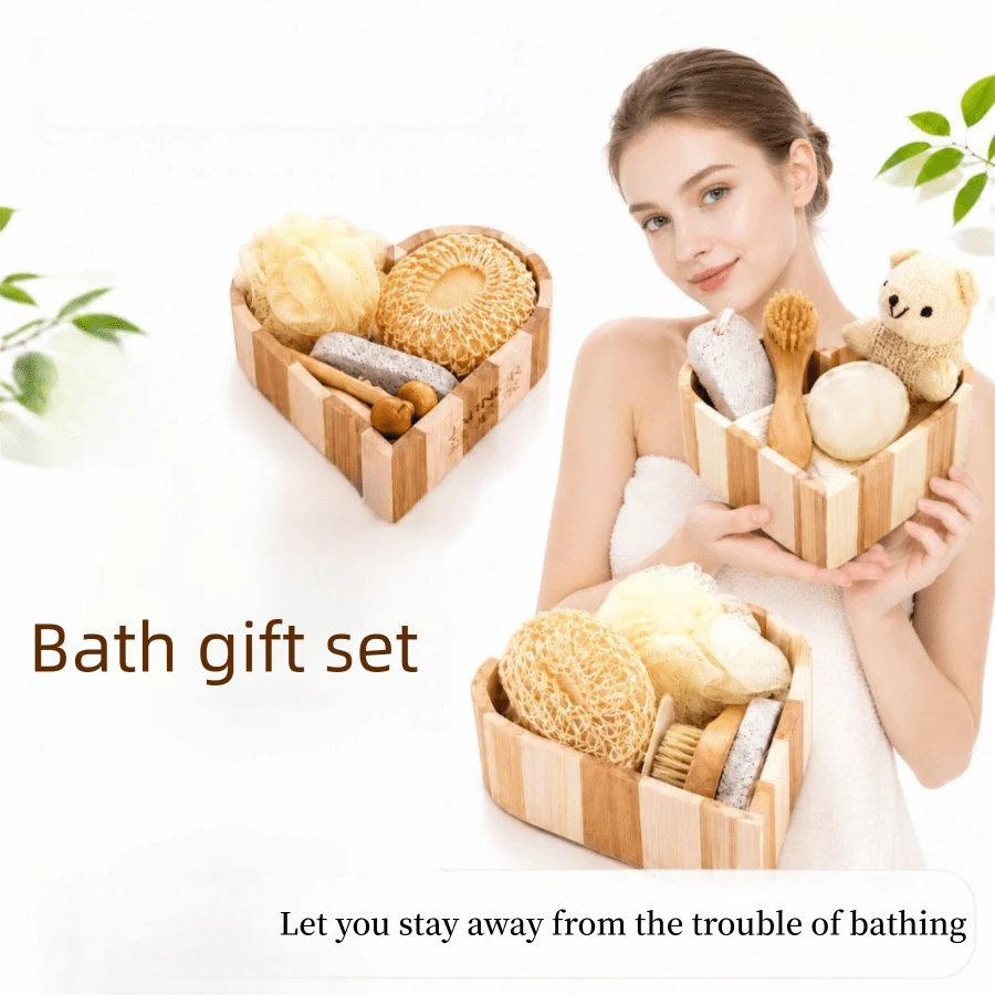 Home Full Body Exfoliating Tool Set, Bath Sponge + Scrubbing Cloth + Bath Brush + Pumice Stone, SPA Bath Gift Box Heart-Shaped Packaging - View 1
