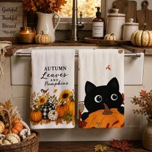 2pcs Black Cat & Pumpkin Pattern Kitchen Towels, Fun Autumn Country Style Soft Fabric Rectangular Maple Leaf Sunflower Hello Pumpkin Print Absorbent Hand Towels, Suitable For Kitchen, Dining Room, Halloween, Thanksgiving, Autumn Gathering, Harvest Season, Home Decor - Multicolor - View 2