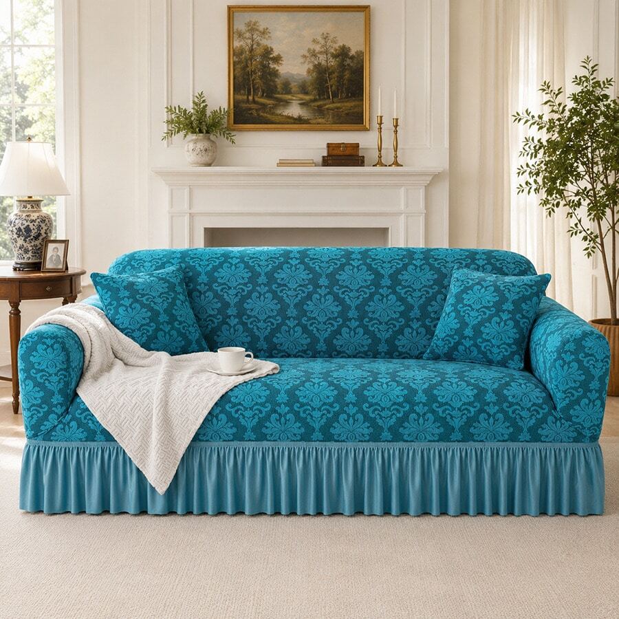 1pc Vintage Woven Jacquard Pattern Skirted Full Coverage Elastic Sofa Cover, Dust-Proof And Stain-Resistant, Stretchable One-Piece Full Coverage Sofa Protector, Living Room Home Decor, Machine Washable - Blue - View 1