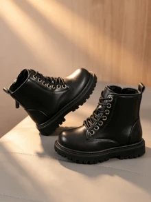 Children's Ankle Boots, Front Lace-Up + Back Zipper, Thick Serrated Sole, PU Leather Boys & Girls Boots - Black - View 5
