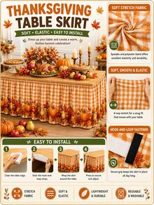 1pc-Thanksgiving Table Skirt, Fall Harvest Border Table Skirt With Pumpkin Apple Pear Maple Leaf Print, Orange Gingham Table Skirt For Dining Table, Buffet Table, Dessert Table, Autumn Party, Thanksgiving Home Kitchen Decoration - Multicolor - View 3