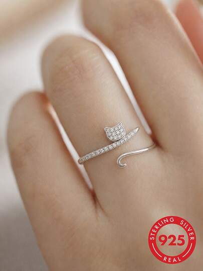 1 pieza Anillo abierto de gato de plata de ley S925 estilo coreano lindo y adorable con circonita completa, diseño de nicho dulce y animado con estética de anillo para mujer, adecuado para uso diario, compras, cumpleaños, regalo femenino