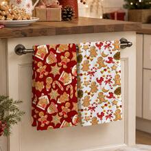 2pcs Red & White Gingerbread Man Candy Cane Christmas Pattern Kitchen Towels, Gingerbread House Snowflake Pinecone Candy Element Printed Hand Towels, Suitable For Christmas, Winter Kitchen, Family Gathering, Holiday Party, Home Decor 4/6/8pcs Set - Multicolor - View 4