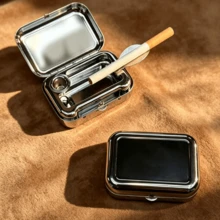 Vintage Carved Embossed Metal Portable Ashtray With Keychain, Can Be Hung On Backpack, Sealed Leak-Proof Odorless Pocket Mini Ashtray, Smooth Flip Lid Durable Container, Suitable For Car, Camping, Outdoor Travel, Daily Use, 4 Pattern Options - Amber - View 4