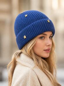 3D Pentagram Knitted Hat For Women, Autumn/Winter Warm Ear Protection Beanie, Face-Slimming Woolen Cap - Knitted Hat - View 2