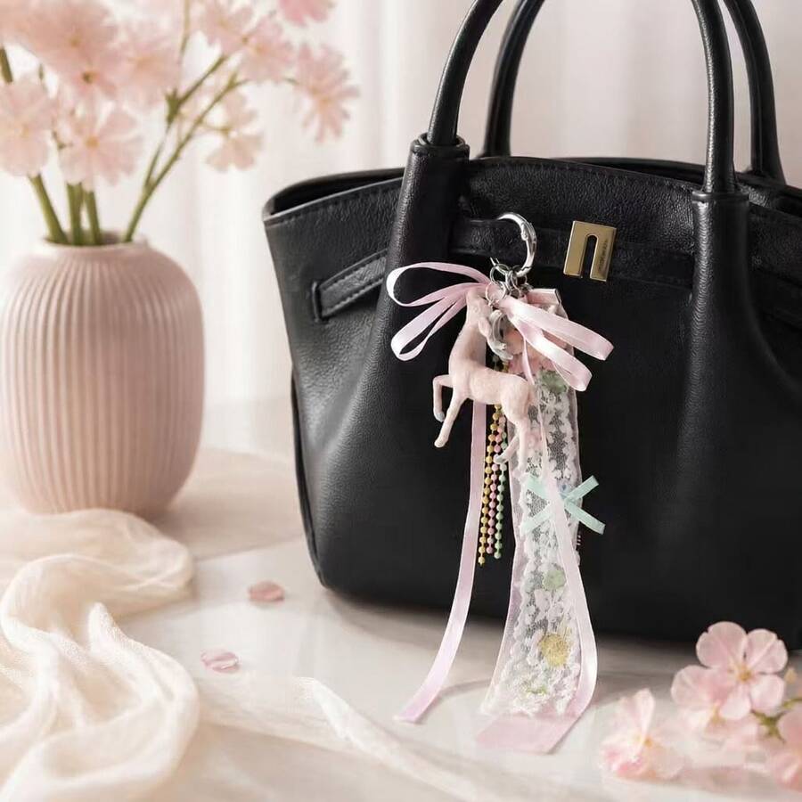 1Pc Cute Deer Keychain Lace Ribbon Beaded Tassel Floral Pendant Back To School Halloween Women Backpack Car Key Charm Gift - Multicolor - View 1