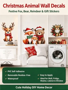 Christmas Cartoon Animal Gift Box Wall Stickers, Removable And Traceless PVC Decals, Cute Fox, Reindeer, And Bear Patterns, Home Decor For Living Room, Fridge, Glass Windows, And Rooms - Wall Stickers - View 1