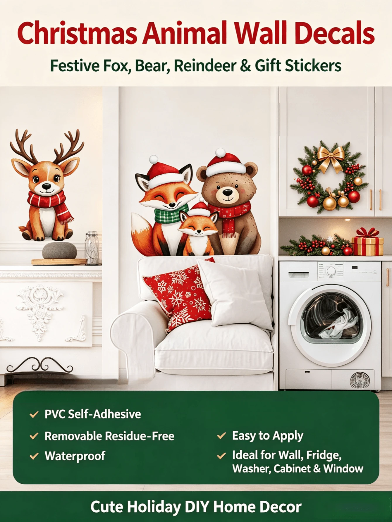 Christmas Cartoon Animal Gift Box Wall Stickers, Removable And Traceless PVC Decals, Cute Fox, Reindeer, And Bear Patterns, Home Decor For Living Room, Fridge, Glass Windows, And Rooms - Wall Stickers - View 1