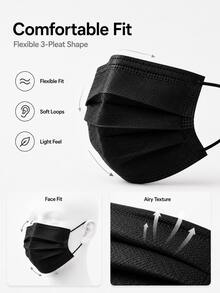 200PCS Black Disposable Face Masks For Adults, 3-Layer Pleated Nonwoven Masks With Soft Ear Loops For Travel, Work, School & Daily Use - Ear Loop - View 5