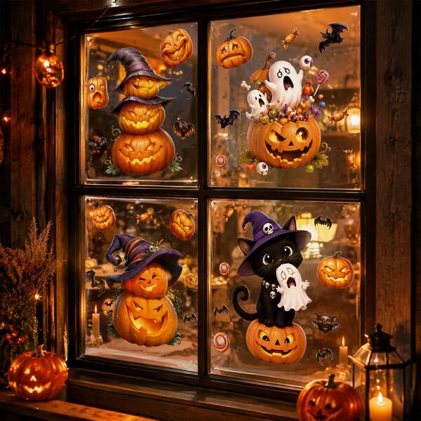 4 Peças Adesivos de Halloween, Decalques de Janela com Design Vintage de Gato Preto & Abóbora, Adesivos de Parede, Decalques de Janela de Halloween com Design de Gato Preto, Abóbora e Bruxa, Decoração de Festa de Halloween, Suprimentos de Festa de Halloween, Decoração de Halloween, Presentes de Halloween, Decoração de Bottom de Restaurante de Halloween, Decoração de Casa de Halloween, Decoração de Quarto de Halloween, Suprimentos de Janela de Cozinha de Halloween, Decoração de Outono, Presentes de Festa