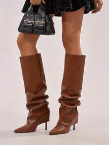 Stylish Women's Slouchy Knee High Boots Point Toe Stilettos Thin High Heels Ruched Design Wide Calf Shark Fold Over Boots Pull On Dress Party Shoes - 棕色 - 查看 3