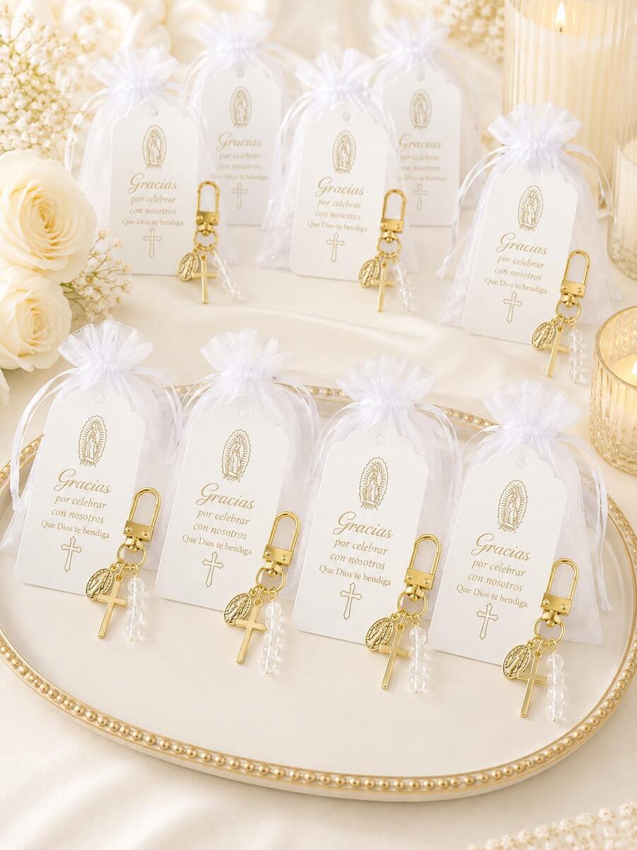 1 Set/10 Sets/20 Sets Spanish Baby Baptism Favor Set, White Gauze Gift Bag + Gold Virgin Mary Cross Keychain + Gracias Thank You Card, Baptism Baby Party Decoration, Church Baptism Memorial Gift, Guest Favor, Religious Blessing Small Gift, Suitable For Boy/Girl Baptism Banquet, Mexican Family Gathering, US Latino Baby Shower, Catholic Sacrament Celebration Table Decor And Bulk Distribution