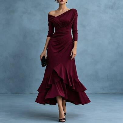 Elegant Asymmetrical Off-Shoulder Party Midi Dress With Ruffled Hem And Pleated Knot Details