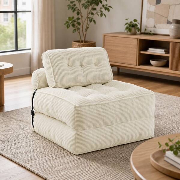 Bodensofa – ein faltbares 2-in-1-Schlafsofa aus Schaumstoff und Cordstoff mit einem multifunktionalen Loungesessel, erhältlich in Schwarz und Weiß.