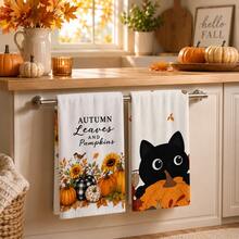 2pcs Black Cat & Pumpkin Pattern Kitchen Towels, Fun Autumn Country Style Soft Fabric Rectangular Maple Leaf Sunflower Hello Pumpkin Print Absorbent Hand Towels, Suitable For Kitchen, Dining Room, Halloween, Thanksgiving, Autumn Gathering, Harvest Season, Home Decor - Multicolor - View 1