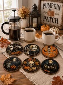 6pcs Halloween Wooden Coasters, 10cm Round Vintage Skull Pumpkin Bat Print Drink Coasters, Gothic Style Halloween Tabletop Decor, Suitable For Parties, Bars, Kitchens And Home - Multicolor - View 9