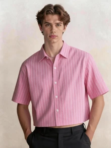 Men's Lightweight Breathable Casual Short Loose Striped Polyester Short Sleeve Shirt, Spring To Summer - Watermelon Pink - View 1