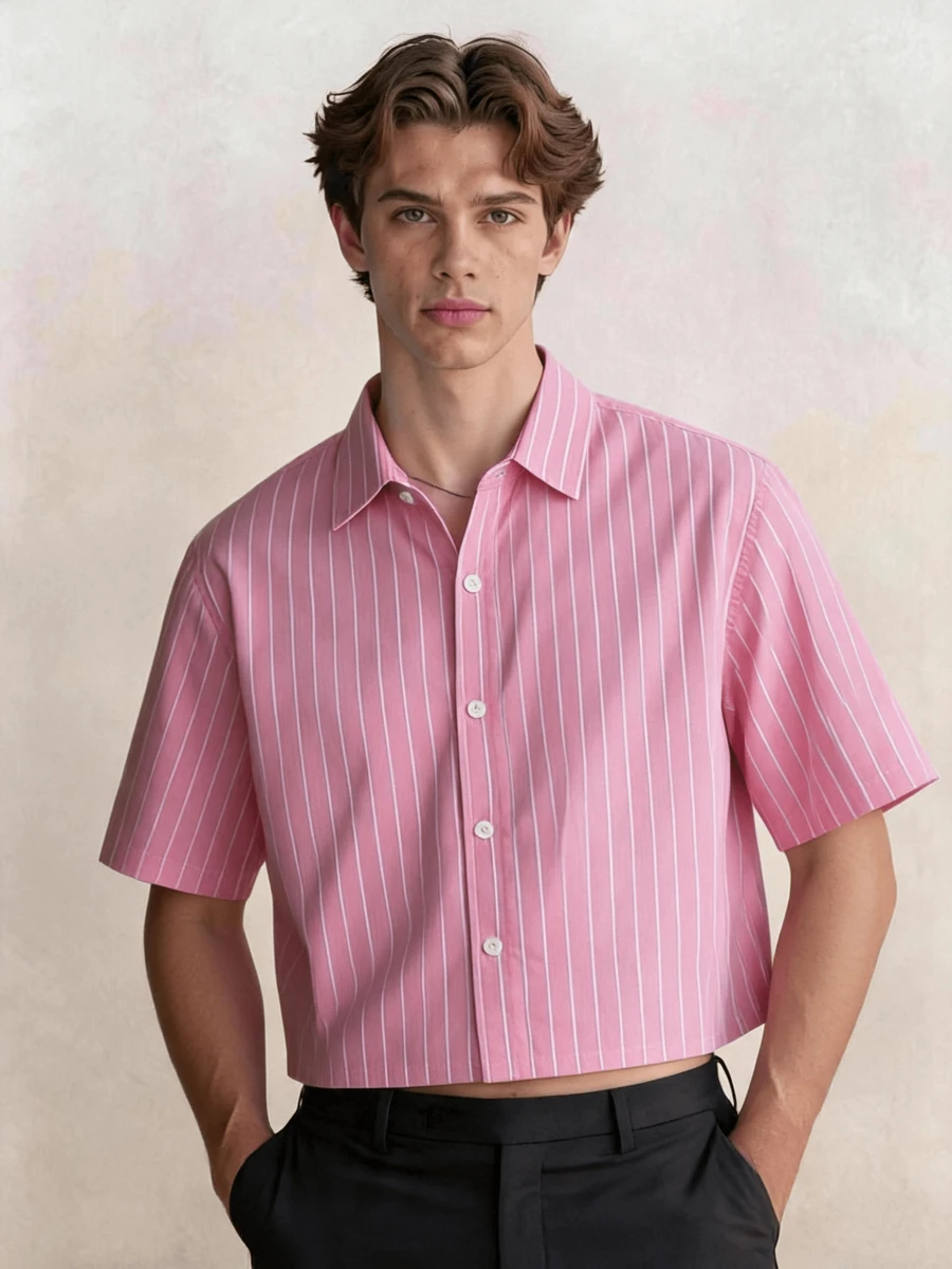Men's Lightweight Breathable Casual Short Loose Striped Polyester Short Sleeve Shirt, Spring To Summer - Watermelon Pink - View 1