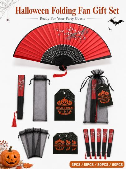 Halloween Folding Fan Gift Set, Red Black Floral Hand Fans With Black Organza Bags & Trick Or Treat Tags, Gothic Party Favors For Guests, Halloween Table Decor & Costume Party Supplies