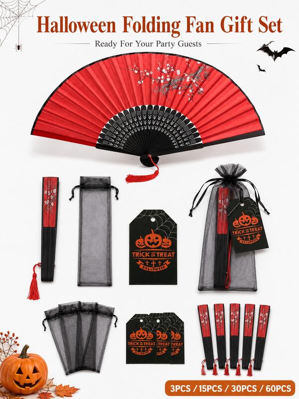 Halloween Folding Fan Gift Set, Red Black Floral Hand Fans With Black Organza Bags & Trick Or Treat Tags, Gothic Party Favors For Guests, Halloween Table Decor & Costume Party Supplies