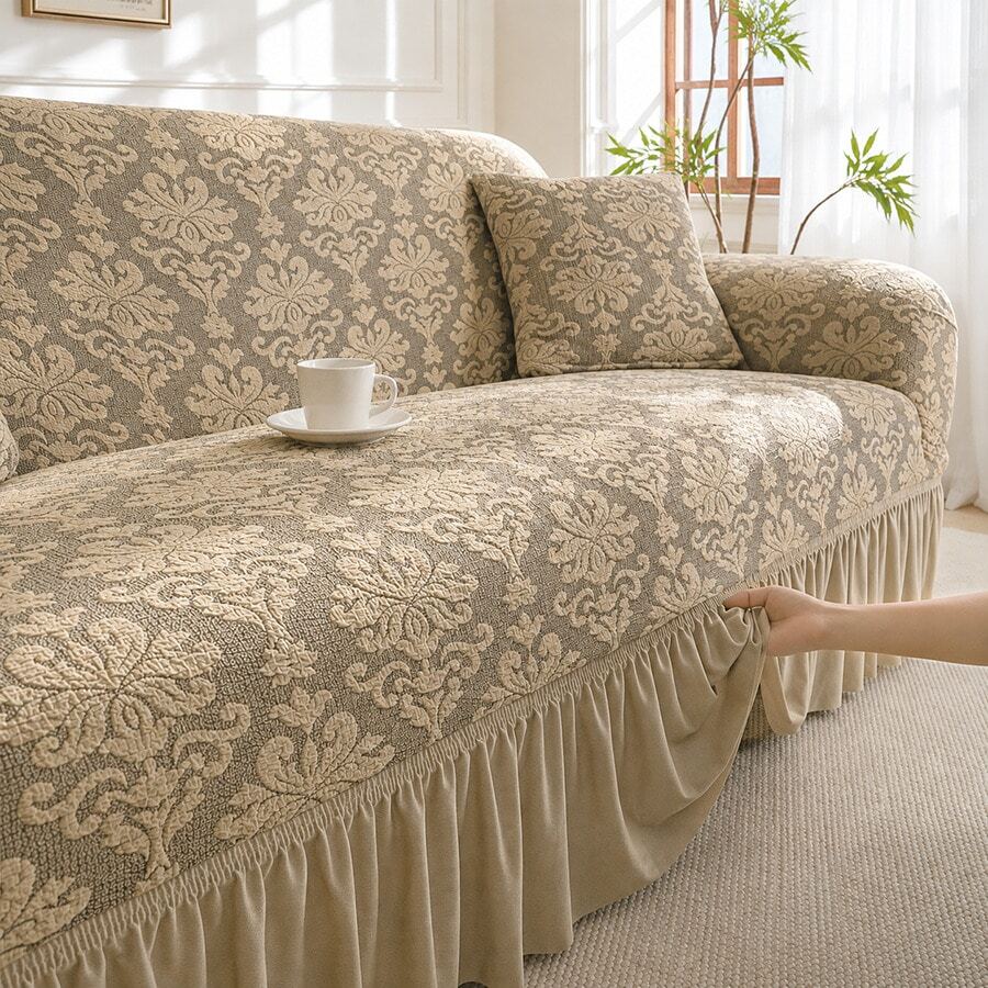 1pc Vintage Woven Jacquard Pattern Hem Style Full Stretch Sofa Cover, Without Pillowcase, Dust-Proof And Dirt-Resistant, Elastic One-Piece Full Coverage Sofa Protector, Living Room Home Decor, Machine Washable And Water Washable - Khaki - View 1