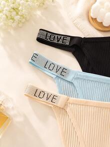6pcs Women's Panty Set Ribbed Thong Letter Print Rhinestone Low Waist Sexy G-String High Elasticity Underwear - Multicolor - View 8