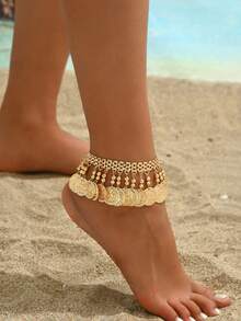 1pc Bohemian Style Exaggerated Beaded Vintage Coin Ankle Bracelet For Women, Suitable For Beach Vacation Wear - Gold - View 2