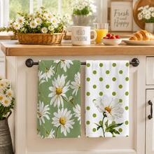 2pcs Green & White Daisy Pattern Kitchen Towels, Soft Absorbent Rectangular Floral Polka Dot Print Hand Towels, Farmhouse Style, Suitable For Kitchen Decor And Housewarming Gift, 4/6/8pcs Set - Multicolor - View 4