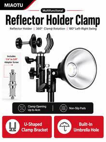 1 buah Penjepit Reflektor Fotografi, Braket Dudukan Lampu Berbentuk U dengan Lubang Payung, Mendukung Ayunan Kiri-Kanan 180° dan Rotasi 360°, Termasuk Sekrup Adaptor 1/4" ke 3/8", Cocok untuk Softbox, Lampu Pengisi, Pencahayaan Softbox, Dudukan, Fotografi Produk, Live Streaming, Perekaman Video, dan Pengaturan Pencahayaan Studio - View 1