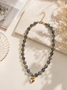 Hegaze 1pc Vintage Blue Sugar Cube Crystal Necklace For Women, Atmospheric Gold Heart Pendant Collarbone Chain - Transparent Blue - View 6