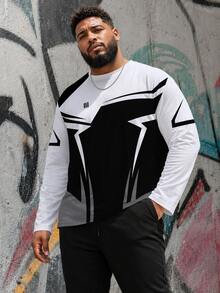 Men's Plus Size Casual Crew Neck Long Sleeve T-Shirt, Polyester Knit Fabric, Comfortable & Breathable, Fashion Street "Line Functional Style" Graphic, Casual Street Design Fresh Series, Novel Personalized Top - Black - View 1