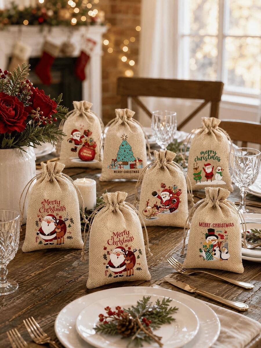 8pcs Drawstring Linen Christmas Gift Bags, Santa Claus, Reindeer And Snowflake Patterns, Reusable Holiday Party Gift Bags, Suitable For Christmas, New Year Party Gift Supplies, Gift Wrapping Bags, Merry Christmas - Christmas Burlap Bag - View 1
