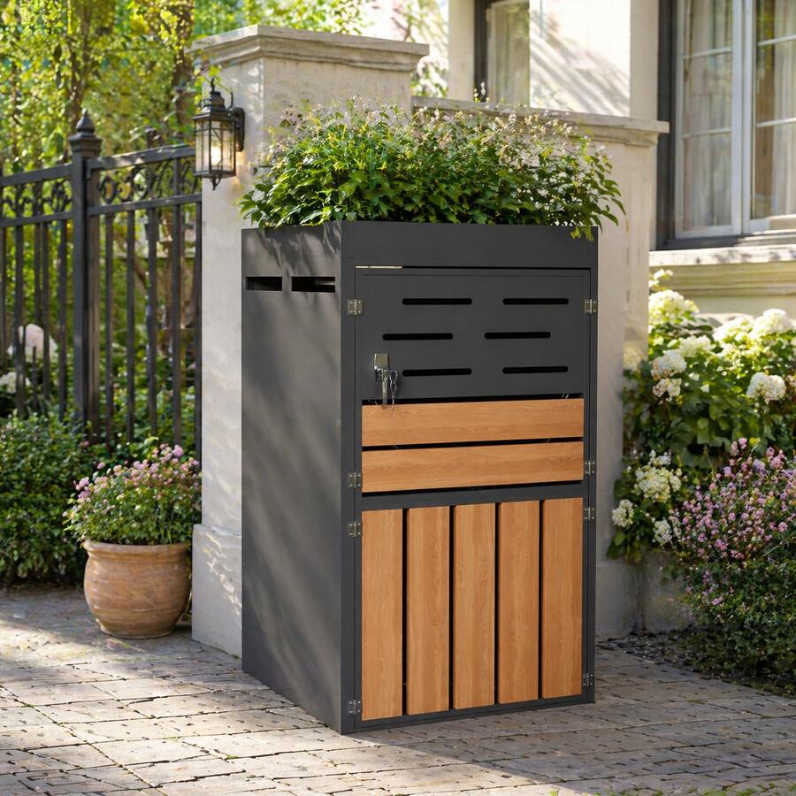 Outdoor Multi-Functional Cabinet Grey – With Integrated Planter And Waste Bin Compartment - 灰色 - 查看 1
