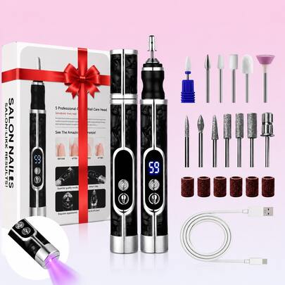 Tragbares Nagelfeilen-Kit mit LED-Licht, kabelloses Nagelpflegegerät mit 12 Schleifaufsätzen für DIY-Nageldesign