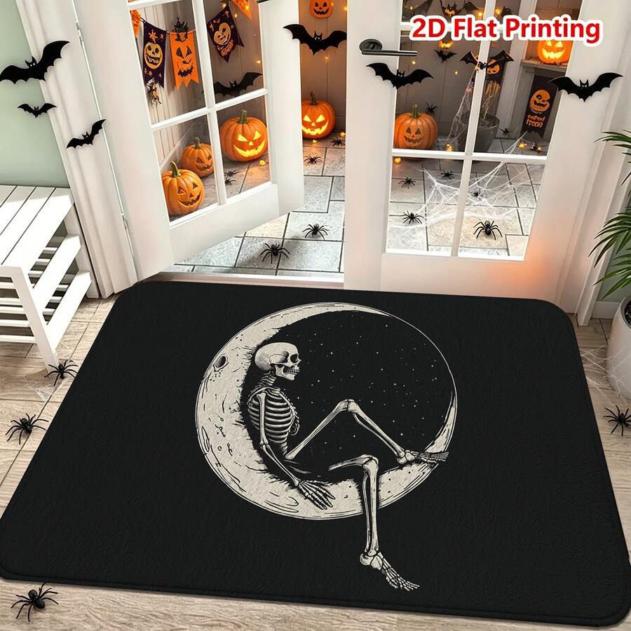 1/2pcs Halloween Door Mat, Halloween Skull Moon Pattern Flannel Door Mat, Non-Slip Absorbent Machine Washable Floor Mat For Home, Suitable For Entrance, Living Room, Bedroom, Kitchen, Bathroom, Yard, Multi-Functional Decorative Mat - Multicolor - View 1