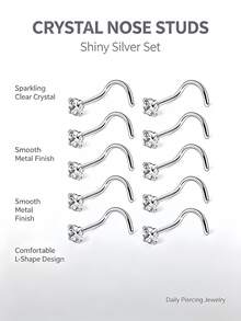 10pcs 20G Stainless Steel Nose Rings, Screw Nose Piercing Jewelry, 2mm Nose Rings For Women - Silver - View 1