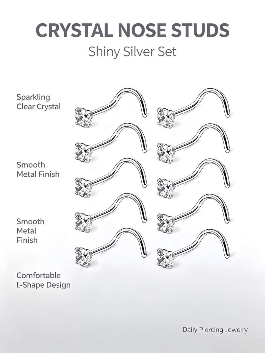 10pcs 20G Stainless Steel Nose Rings, Screw Nose Piercing Jewelry, 2mm Nose Rings For Women - Silver - View 1