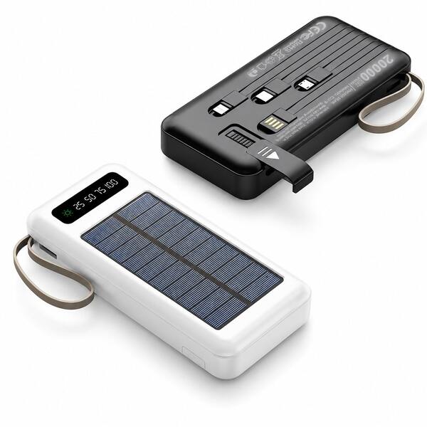 Carregador Portátil Solar 20000mAh Power Bank Display Digital Cabos Embutidos USB Carregamento Rápido