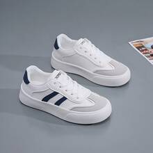 New Women's Skate Shoes Thick Sole Platform Sneakers Retro Colorblock White Shoes - White Blue - View 7