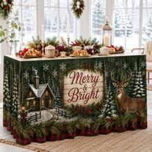 Christmas Table Skirt With Merry & Bright Lettering, Rustic Woodland Snowy Cabin Deer Pattern Holiday Table Cover, Farmhouse Christmas Decor With Pine Trees Snowflakes And Red Plaid Trim For Winter Party Dining Room Decoration - A - View 5