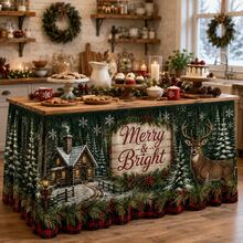 Christmas Table Skirt With Merry & Bright Lettering, Rustic Woodland Snowy Cabin Deer Pattern Holiday Table Cover, Farmhouse Christmas Decor With Pine Trees Snowflakes And Red Plaid Trim For Winter Party Dining Room Decoration - A - View 6