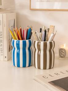 1pc Large Capacity Striped Pen Holder, Wavy Desk Organizer, Multifunctional Makeup Brush Cup, Multicolor Desktop Storage For Office Home, Cute Table Decor Gift - Waist-cinching Striped Pencil Holder - View 6