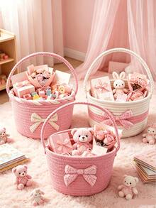 1pc Pink Bow Foldable Storage Basket With Handle, Convenient Storage Bin For Home Dorm Room Organization, Perfect Gift Bouquet Holder Container - Multicolor - View 2