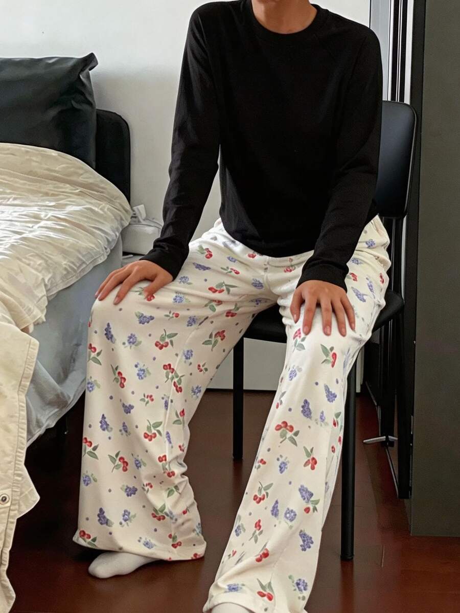 Minimalist Black Raglan Long Sleeve Top & Wide Leg Pants Set With Cherry Blossom Floral Print, Loose Fit Loungewear Pajamas For Women, Suitable For Home And Outdoor Wear - Multicolor - View 1