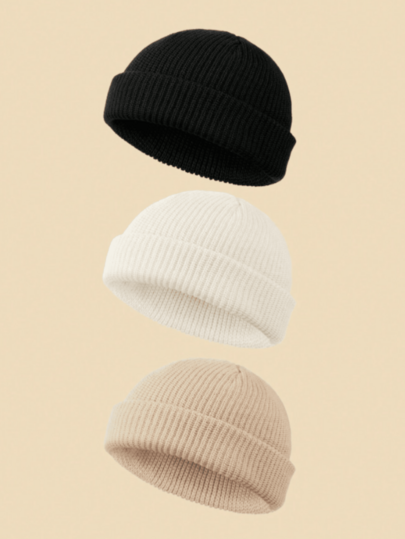 3pcs Baby Solid Color Minimalist Autumn/Winter Soft Comfortable Warm Knitted Hat Woolen Cap Gift