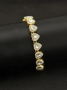 Conjunto de Pulseiras Femininas de Luxo 1/3 com Coração Cravejado Banhado a Ouro 18K em Aço Inoxidável, com Pulseira de Corrente Cubana Decorada com Contas de Vidro em Formato de Coração de Liga, Conjunto de Joias Femininas da Moda, Conjunto de Joias Femininas, Adequado para Uso Diário, Verão, Férias, Também um Ótimo Presente para Mulheres - Dourado - Visão 5